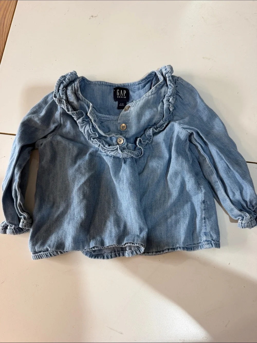 GAP Light Blue Denim Ruffle-Trim Long Sleeve Top
